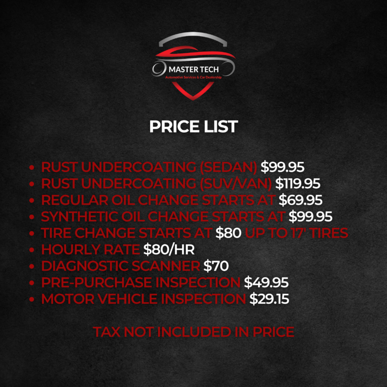 Master Tech Automotive Price List for Services